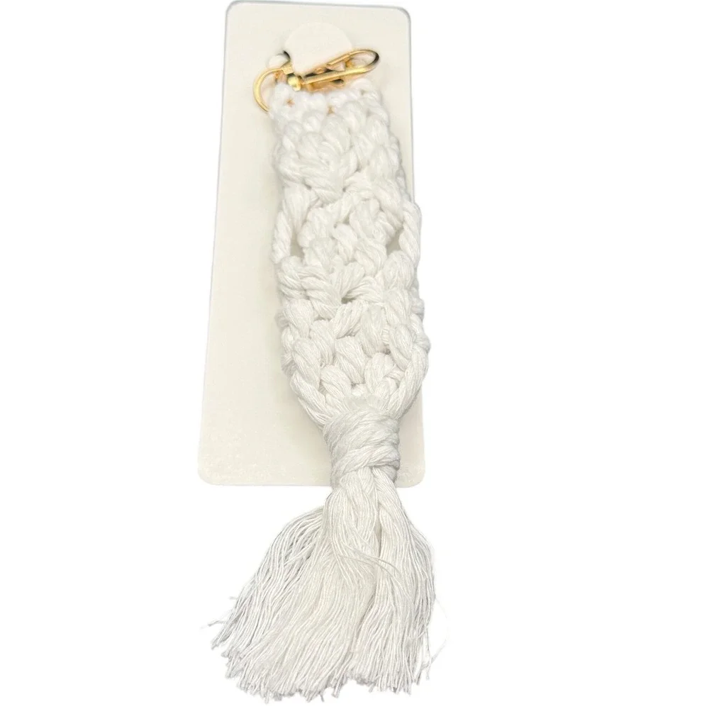 Handmade Macrame Tassel Keychain Wristlet White Cotton‎ Gold Lobster Clasp Boho